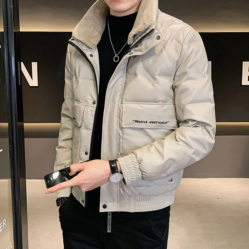 斯洛加霍特羊羔绒领轻薄羽绒服新款皮衣男士冬季外套冬装短款潮牌
