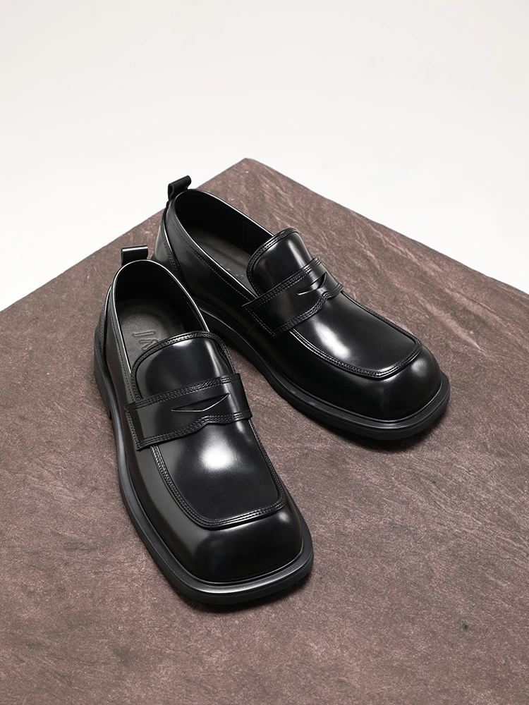 商务休闲皮鞋头层牛皮手工厚底方头乐福鞋真皮英伦一脚蹬男鞋百搭