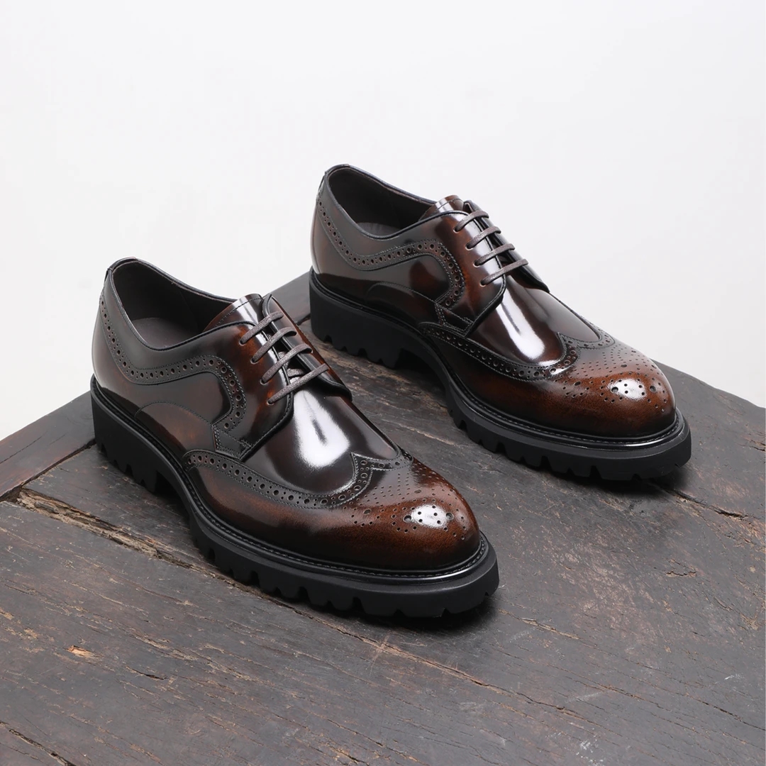 牛津鞋牛皮德比鞋圆头擦色复古正装雕花英伦风皮鞋黑色男款真皮
