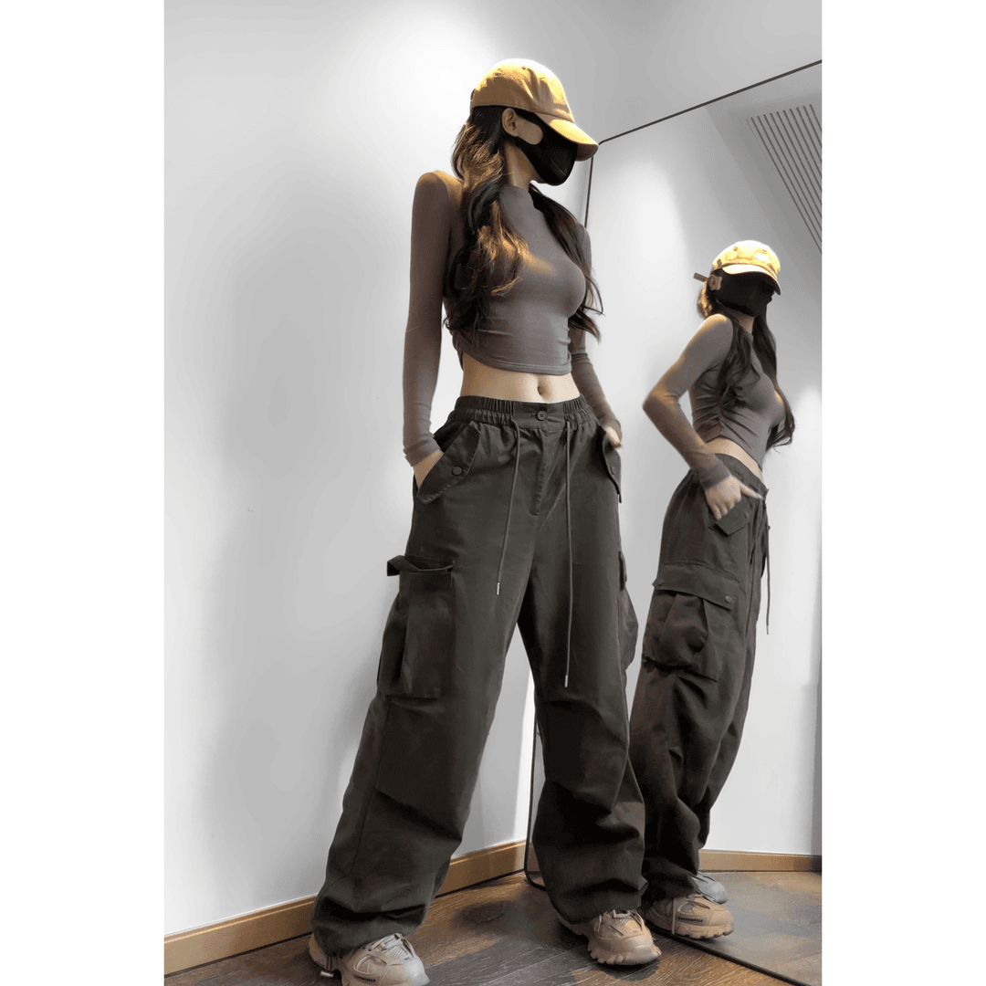 夏春茶高街女孩显瘦直筒机能口袋设计阔腿工装裤辣妹宽松拖地裤