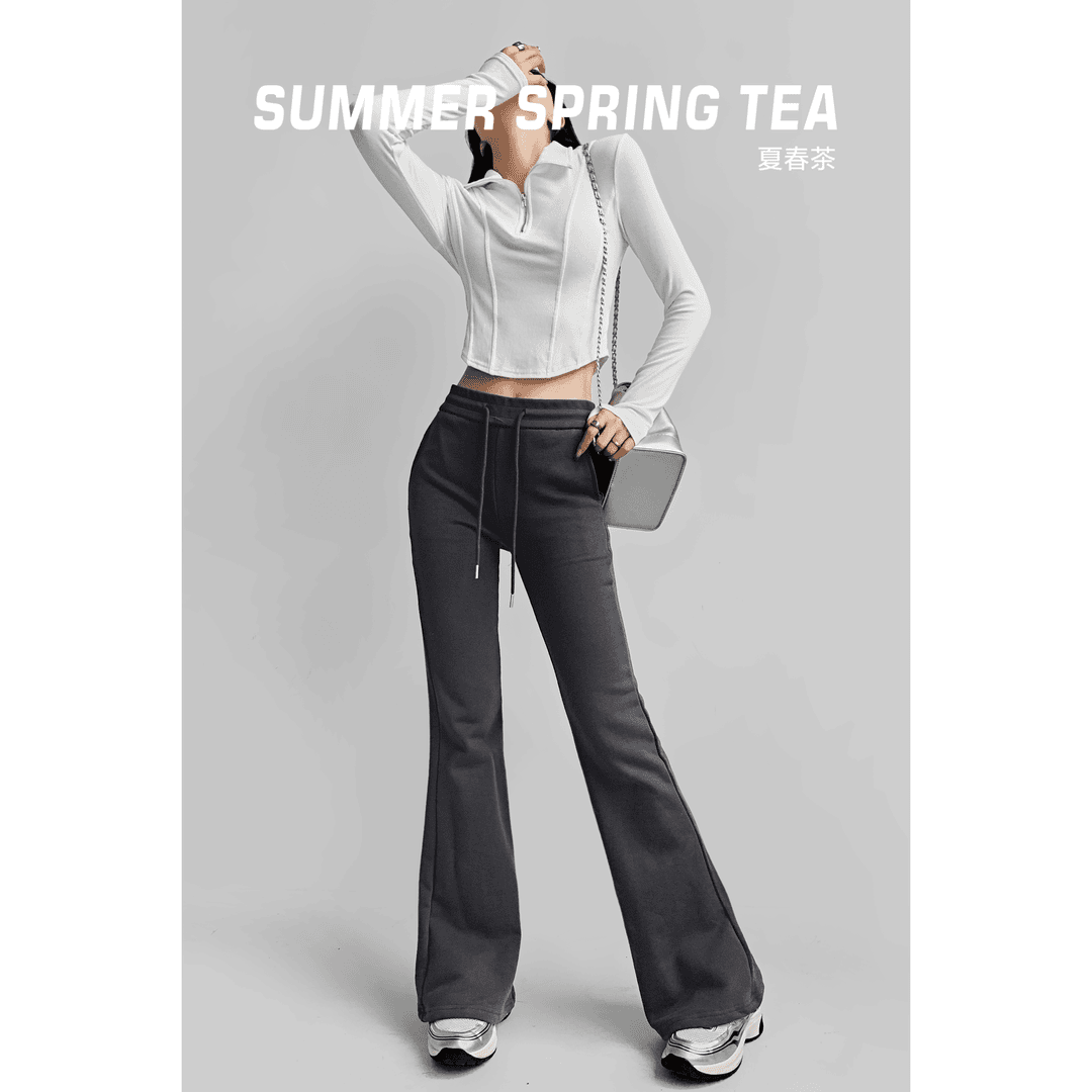 夏春茶美式辣妹修身微喇卫裤秋季百搭显瘦喇叭裤低腰运动裤女