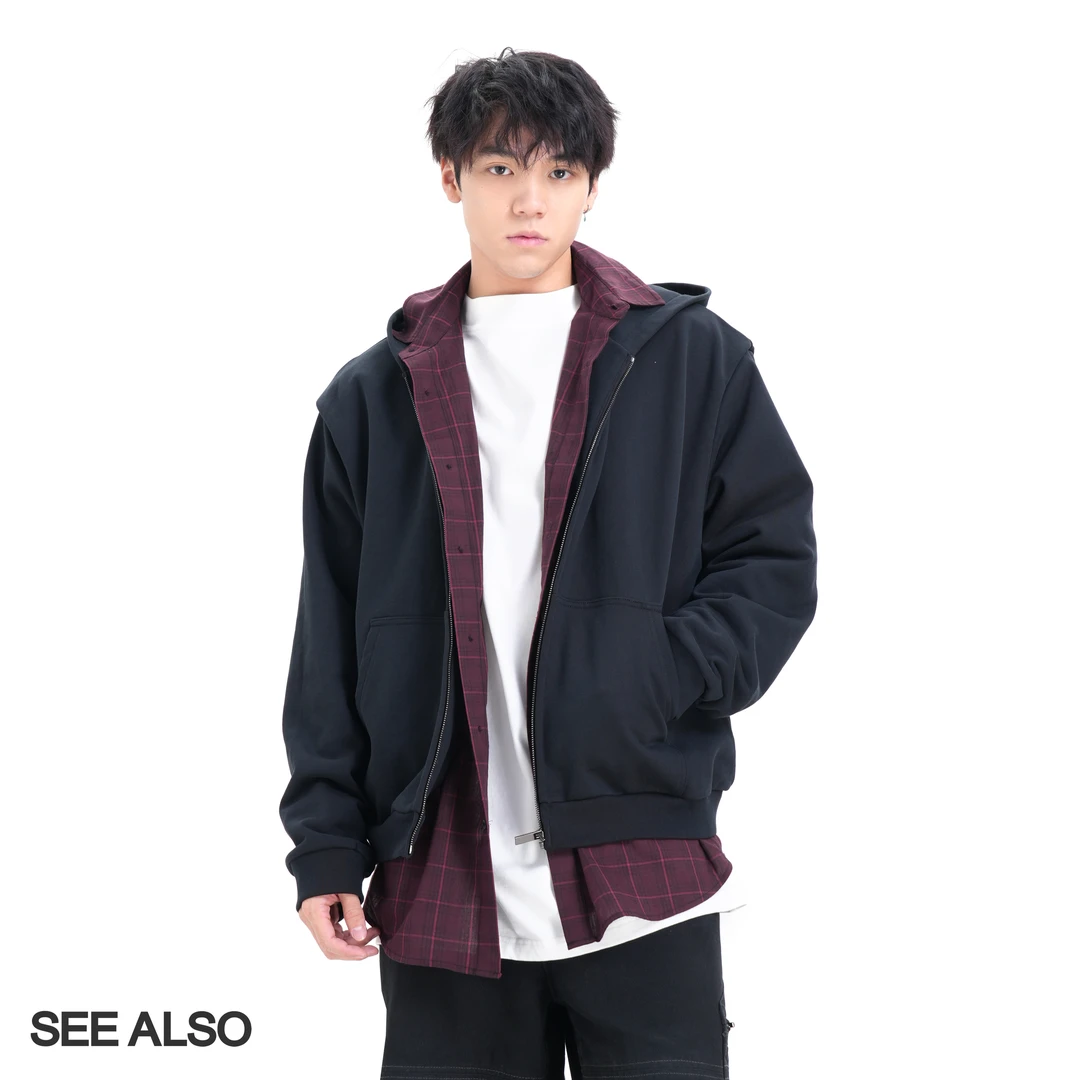 SEE ALSO 秋冬秀款 重工假两件格子廓形水洗连帽卫衣外套LD4192