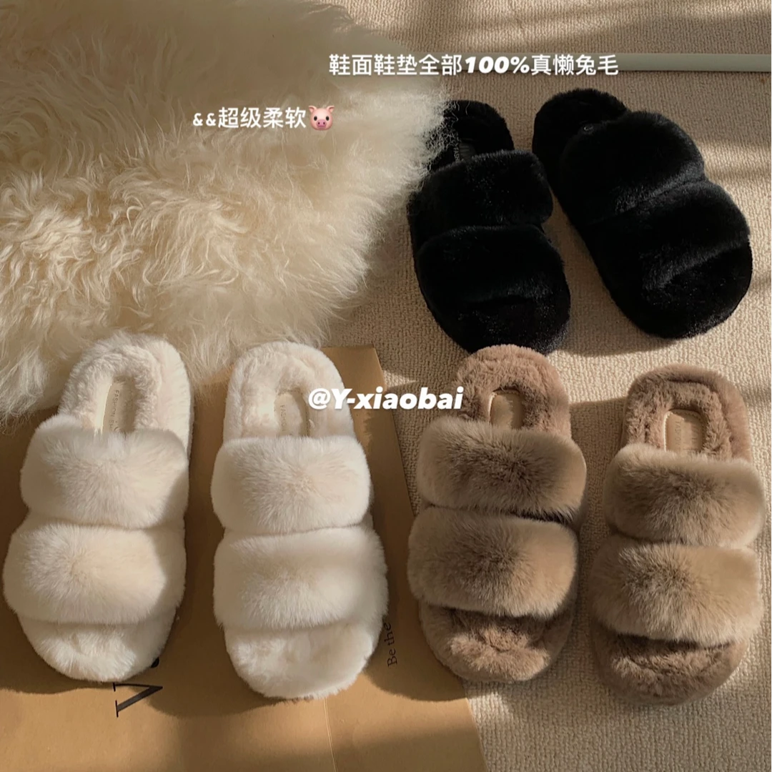 原小白白 百分百真懒兔毛增高5.5cm毛毛拖鞋 真兔毛毛毛拖鞋外穿
