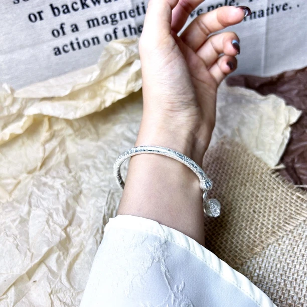 足银手镯 足银手镯 足银999.9手工吉言镯民族风开口手镯40g