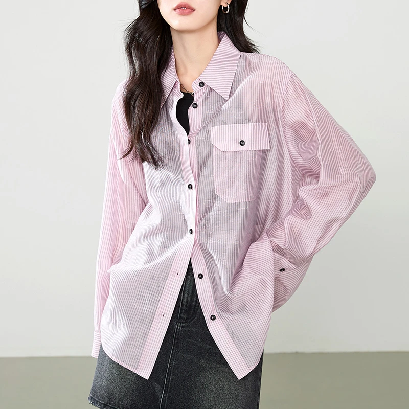 逸阳轻薄暗花条纹衬衫女2025秋新款舒适亲肤宽松休闲时尚长袖上衣