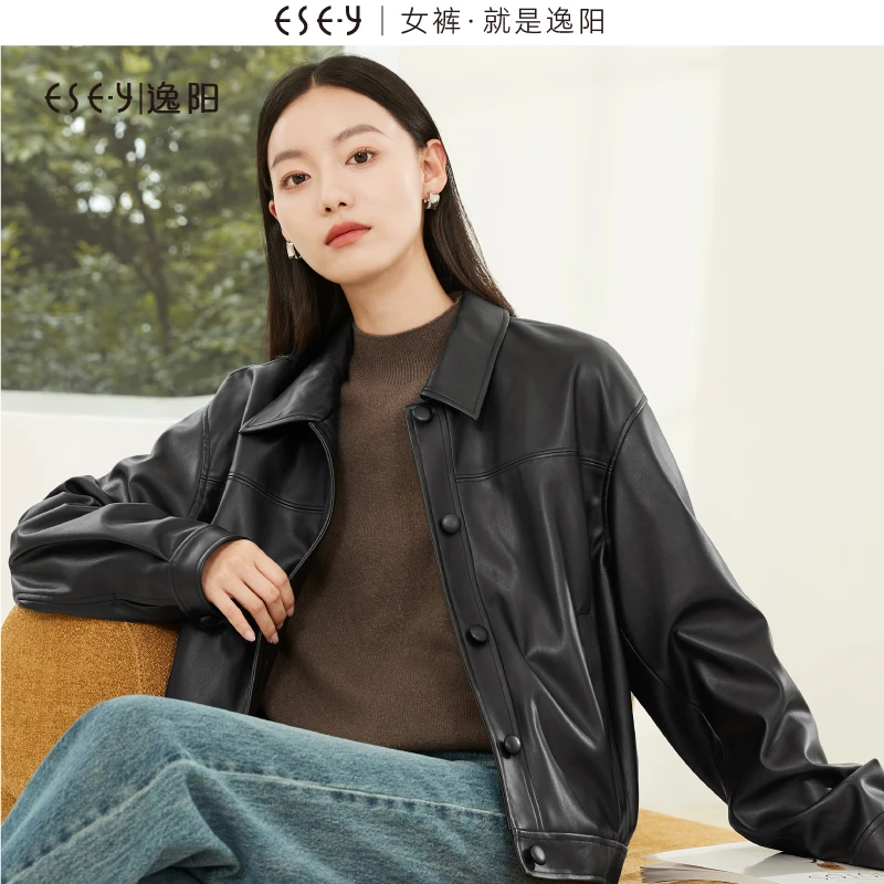 逸阳女装暗黑风复古落肩仿皮夹克女25秋新款修身显瘦短款上衣外套