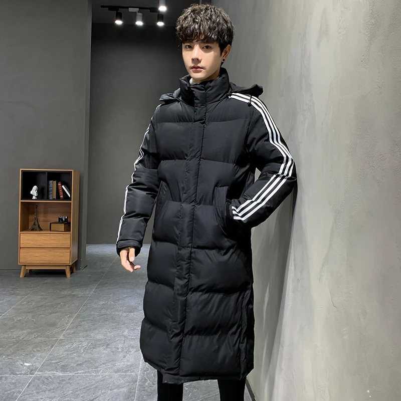 情侣中长款连帽棉衣男女棉大衣加厚保暖三条杠棉服过膝冬装新款潮