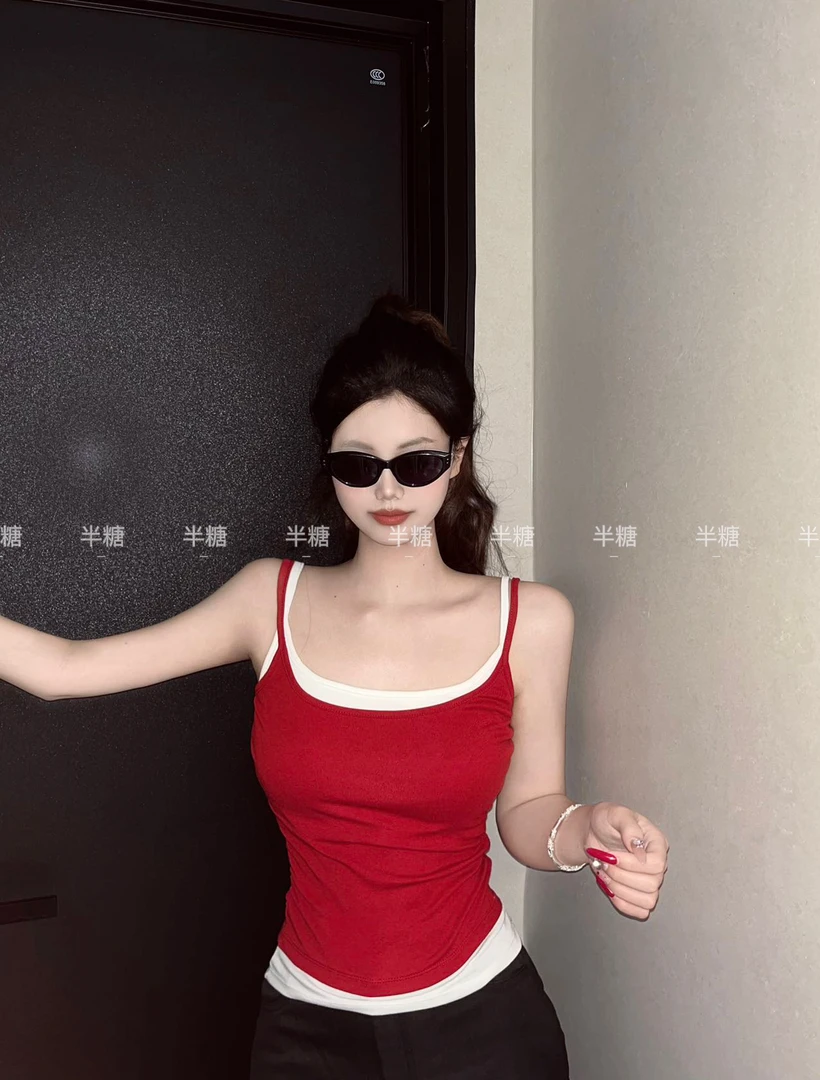 纯色系拼接撞色假两件收腰显瘦小吊带内搭辣妹设计感韩系上衣