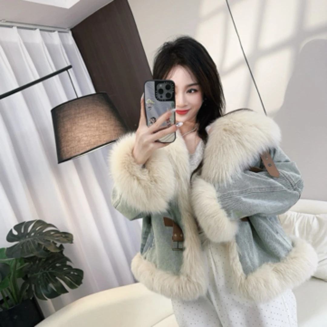时尚牛仔派克服短款加厚狐狸毛机车外套女冬