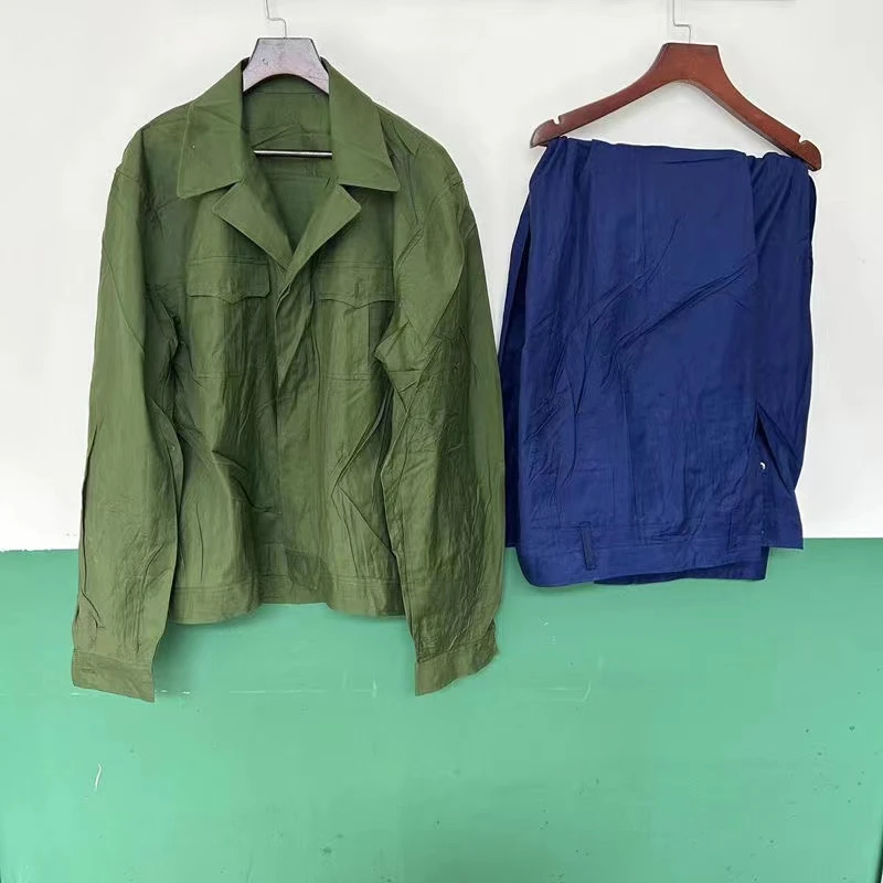 夏飞布服男女款透气耐磨上绿下蓝纯棉工作服套装绿色