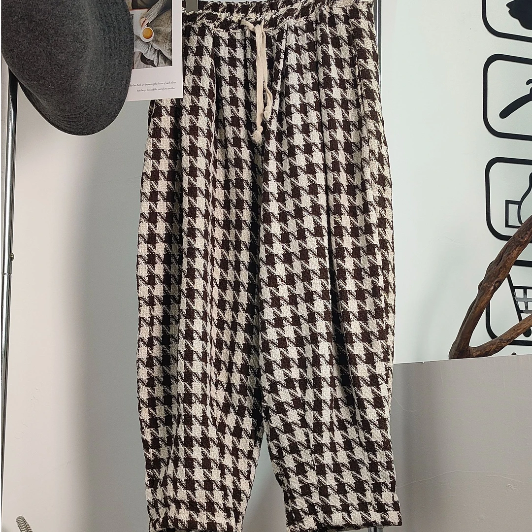 【B110】2024新款格子裤秋冬厚款大版棉麻宽松小个子老爹裤