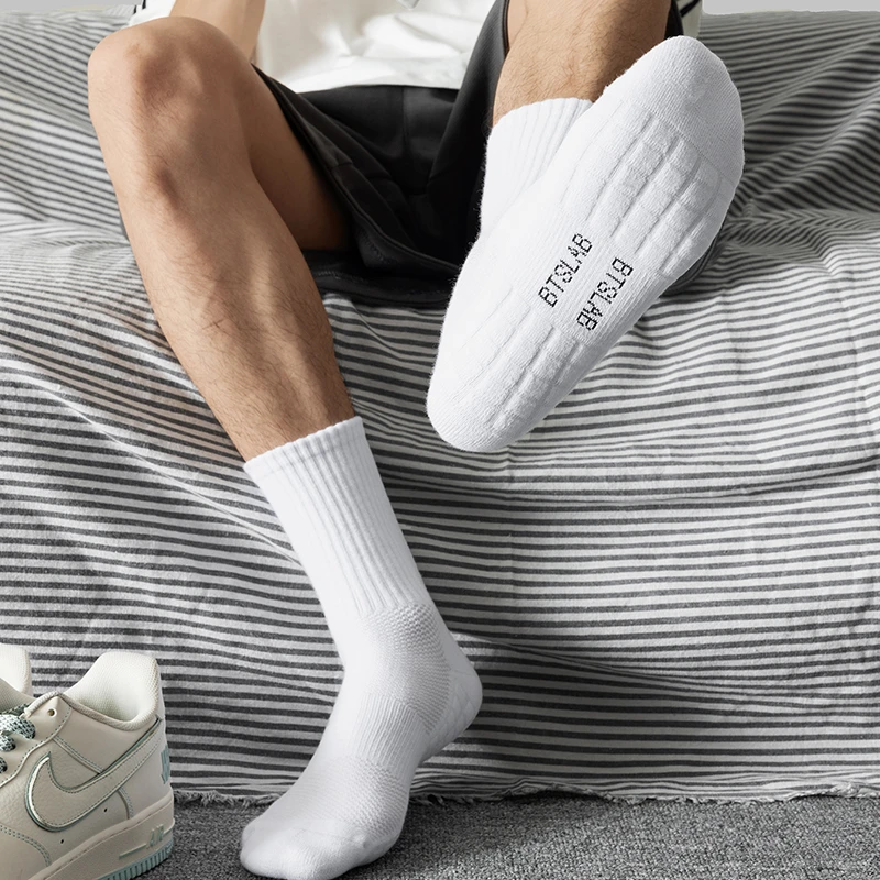 毛巾底运动袜无骨袜子纯棉中长筒短筒白色休闲透气运动袜男