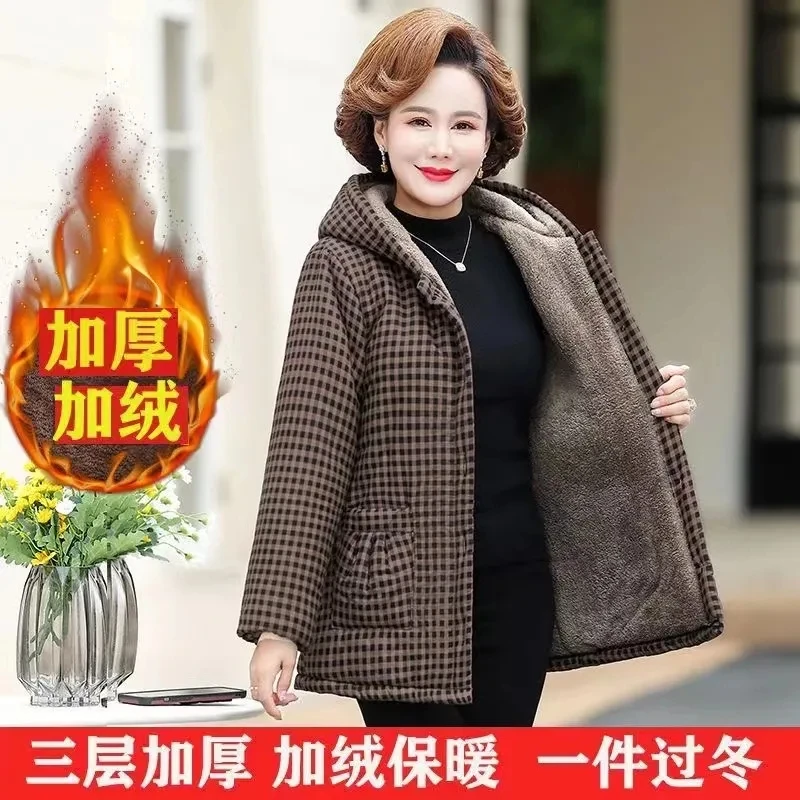 妈妈冬装加绒格子棉衣女装50岁60中老年人加厚棉袄外套中年女棉服