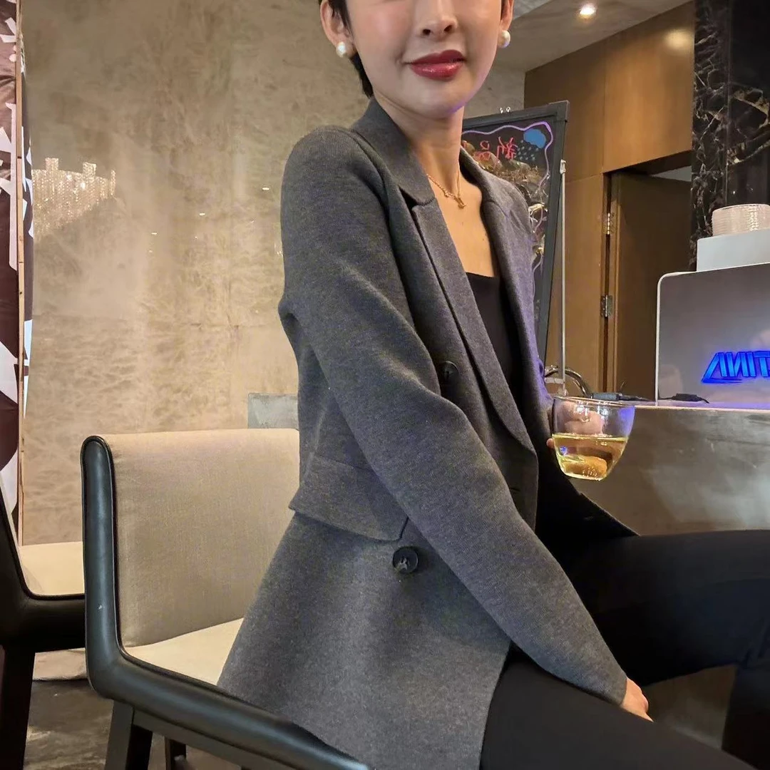 名港【优雅气质】MG7016显瘦休闲修身韩版翻领西装针织外套