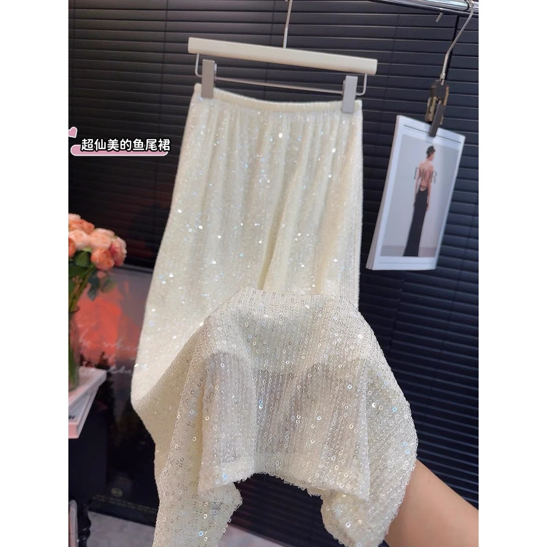 （Xy精选）（人前显贵）名媛气质闪闪亮片半身裙中长款鱼尾裙白色裙子