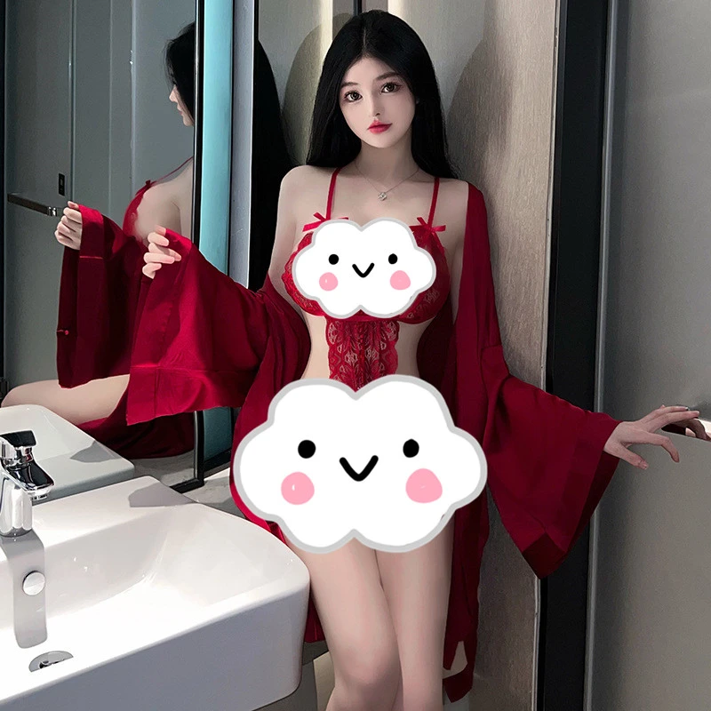 性感薄款睡衣浴袍性感红色诱惑制服透明镂空魅力网红古典风格冰丝