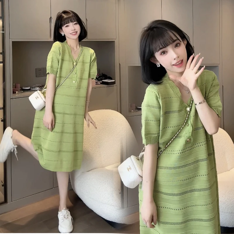 孕妇夏装连衣裙时尚薄款短袖可哺乳针织裙夏季韩版镂空减龄A字裙