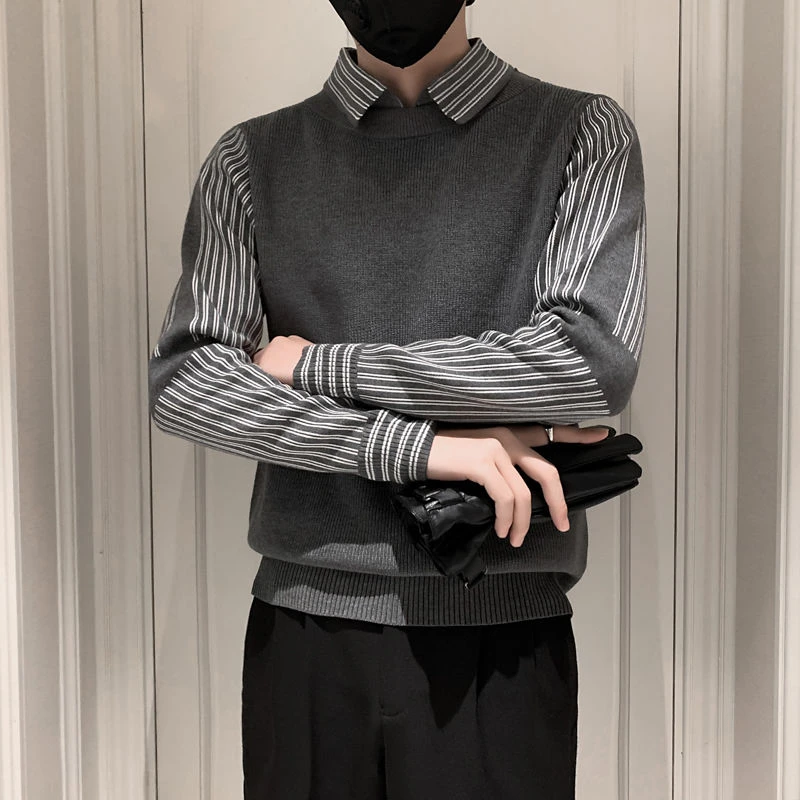 男士假两件秋季时尚毛衣秋冬季韩版潮流外穿修身加厚条纹线衣长袖