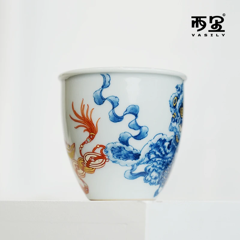 念物山坊·「青花加彩醒狮杯 」描金纯手工手绘中式茶具