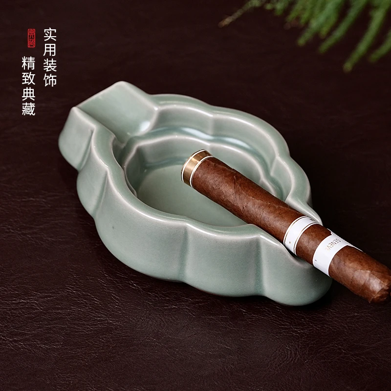 雪茄缸陶瓷青瓷雪茄槽烟灰缸茶室客厅家用轻奢复古大号雪茄烟缸