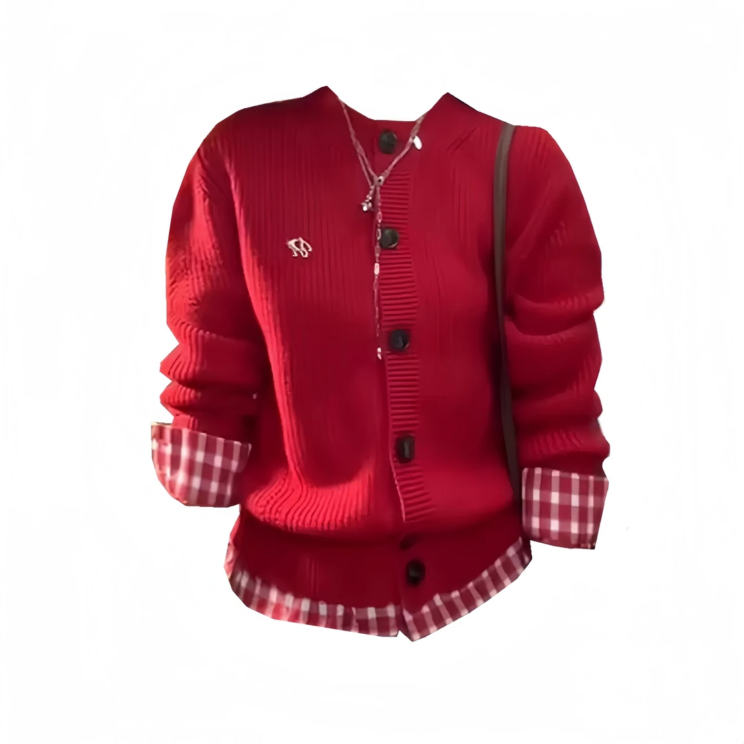 大码胖MM格子拼接假两件针织开衫女秋季新款休闲百搭设计感上衣潮