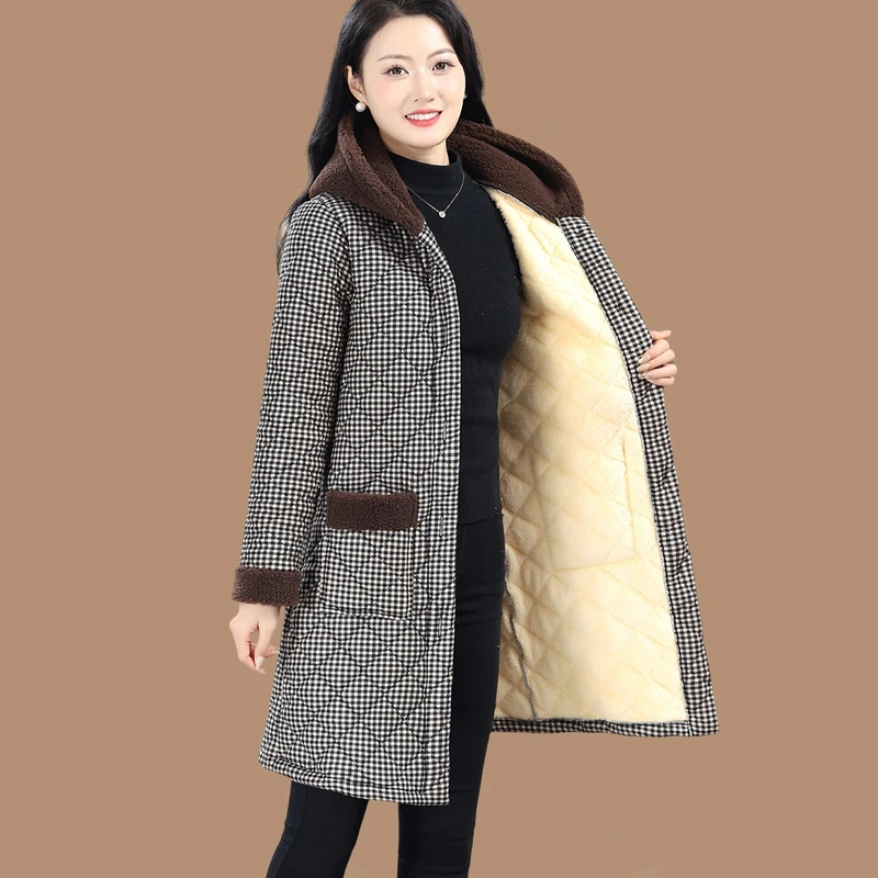 妈妈装冬季保暖格子罩衣新款外套长款加绒棉袄中老年女连帽棉服
