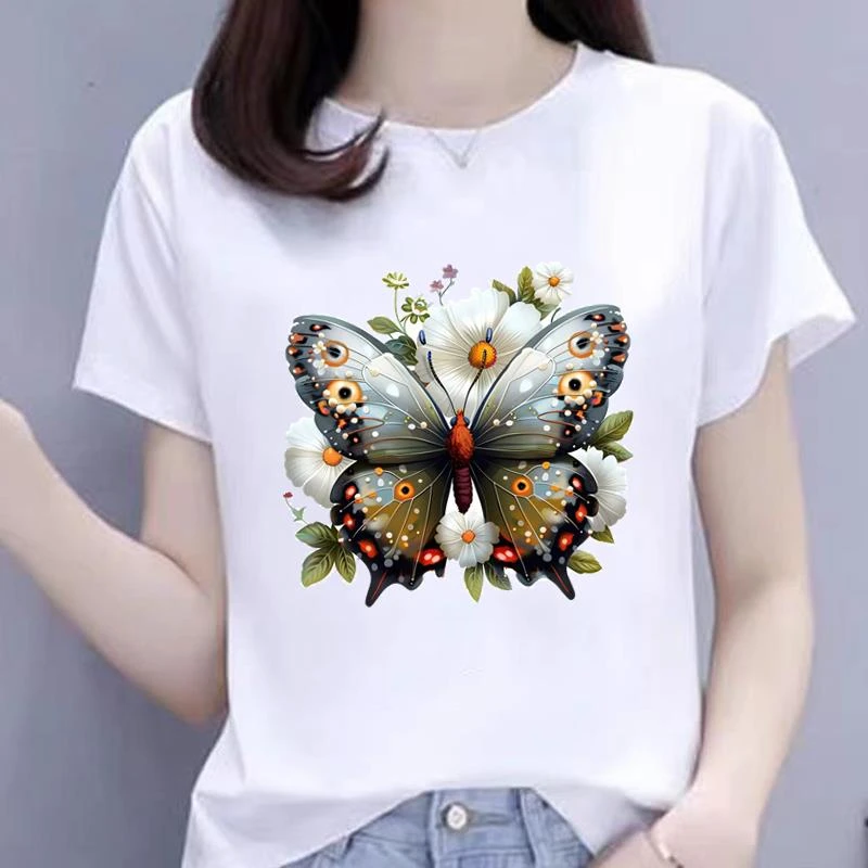 网红女通勤休闲ins新款蝴蝶度假时尚个性圆领韩版短袖印花上衣T恤