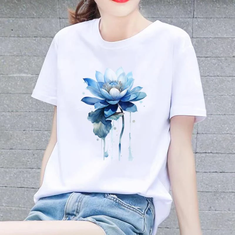 花朵流行网红女通勤休闲ins新款时尚个性圆领韩版短袖印花上衣T恤