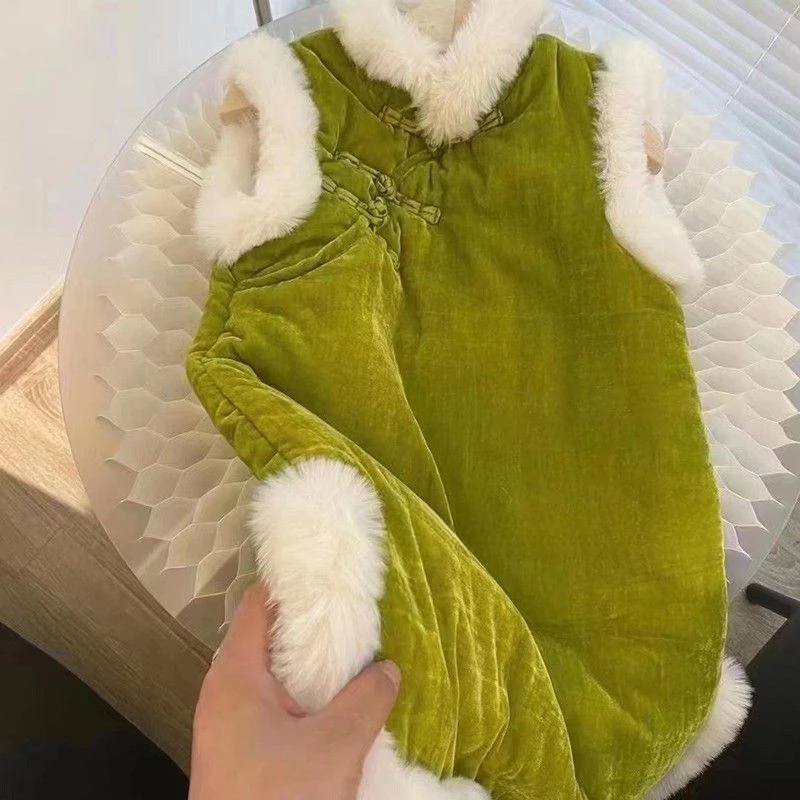 女童新年中国风连衣裙儿童洋气旗袍裙子宝宝冬装加厚背心裙拜绿色