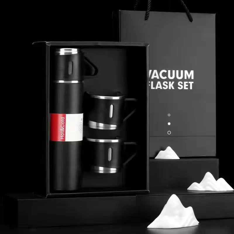 简约不锈钢保温水杯一杯三盖套装节日礼品杯带手柄便携保温杯