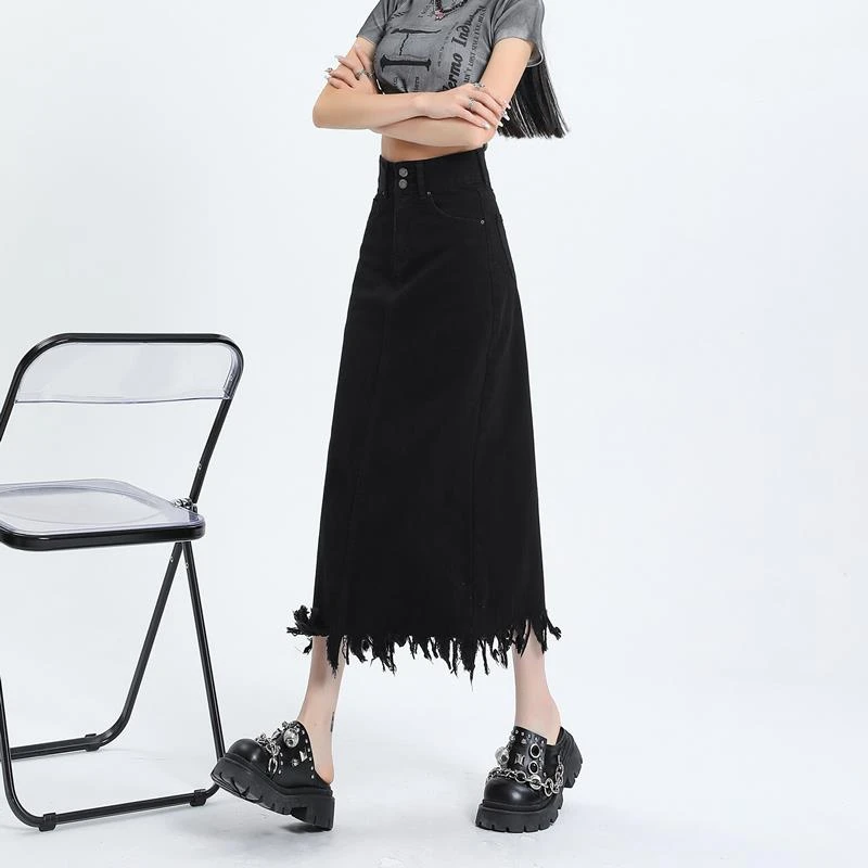 流苏半身裙牛仔女高腰复古春秋时尚个性显瘦小个子开叉毛边a字裙