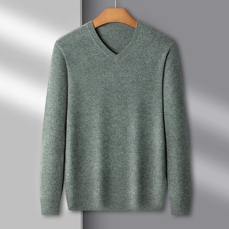 鄂尔多斯市100纯羊毛衫秋冬季厚款中青年男士V领保暖针织羊毛衫