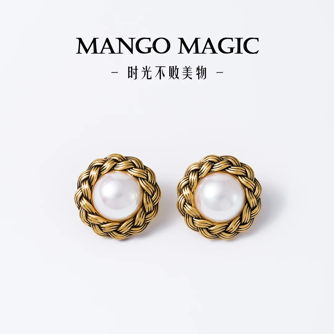 mango magic 铜合金耳饰 法式气质编织纹金色复古高级耳钉9379