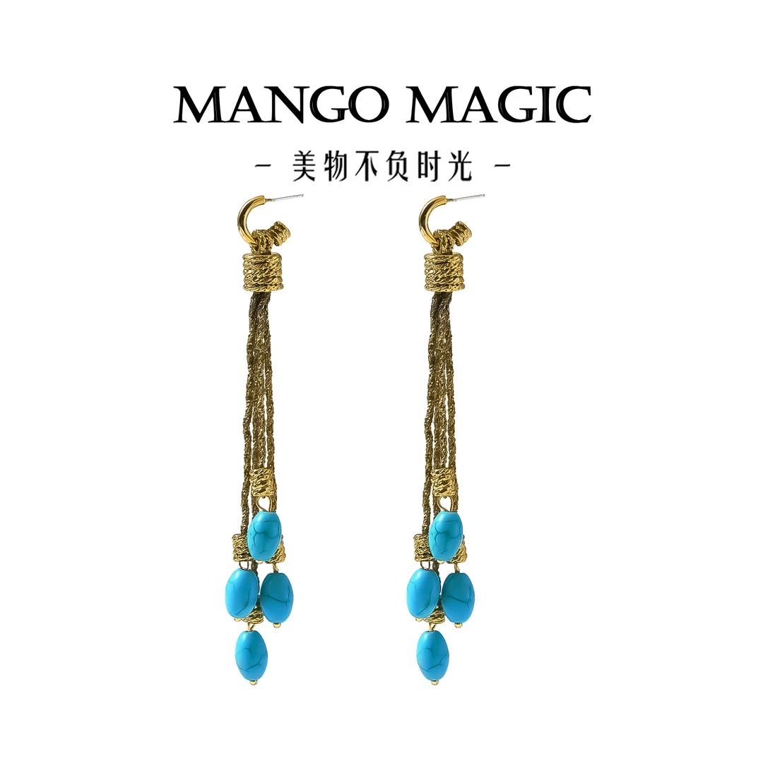 mango magic 铜合金耳饰 vintage法式复古手工高级蓝色耳钉9432
