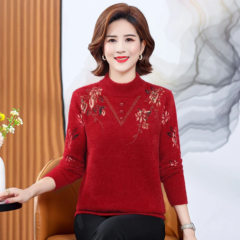 中老年女装妈妈装新款毛衣秋冬加厚款仿水貂绒洋气50岁时尚打底衫