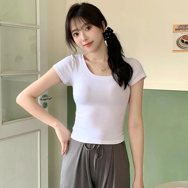 白色u领正肩短袖t恤女装2025夏季新款修身棉质体恤辣妹大领口上衣