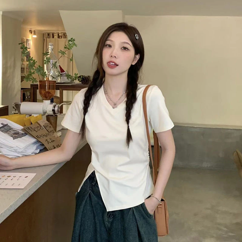 设计感不规则开叉短袖t恤女2025夏季小众遮肚子显瘦杏色正肩上衣