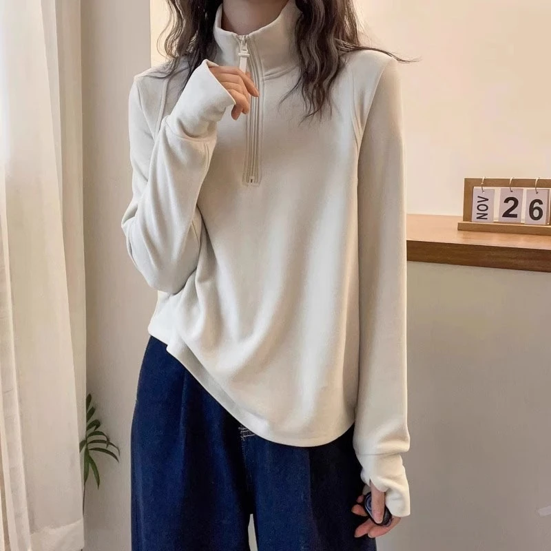 立领半拉链双面德绒卫衣女长袖T恤秋冬新款设计感打底衫内搭上衣