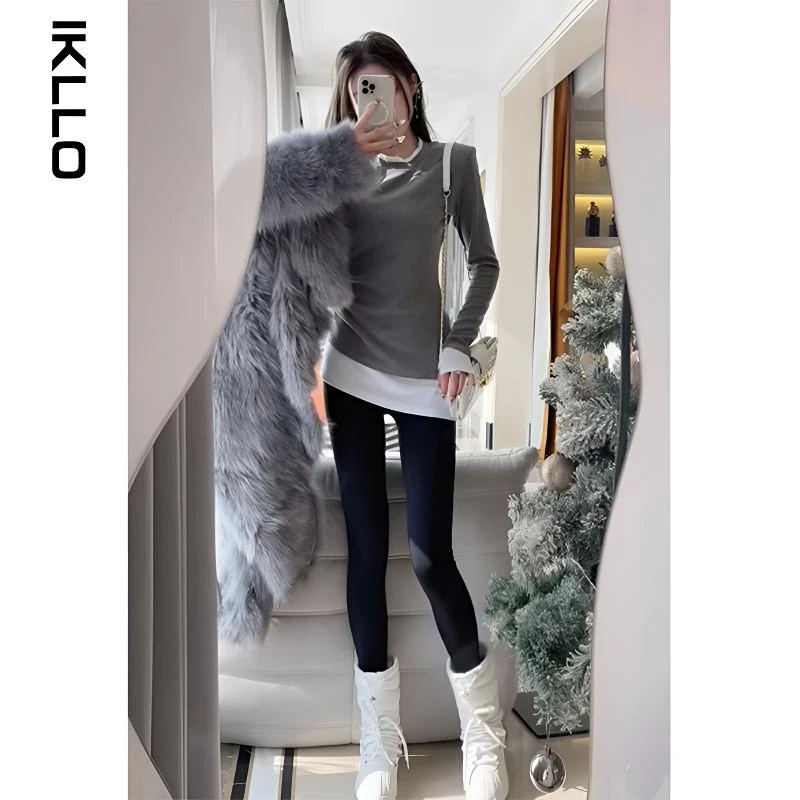 假两件磨毛内搭打底衫女秋冬款修身中长款搭配鲨鱼裤拼接长袖上衣