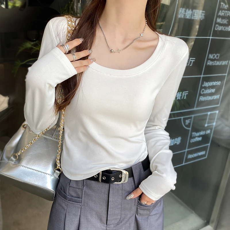 白色正肩打底衫女春秋款叠穿西装内搭U领长袖T恤纯棉上衣低领修身