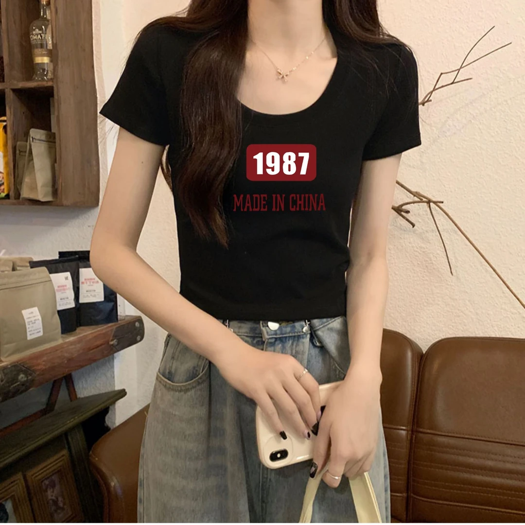 u领短袖t恤女夏季2023新款修身短款纯棉设计感小衫美式甜辣妹上衣