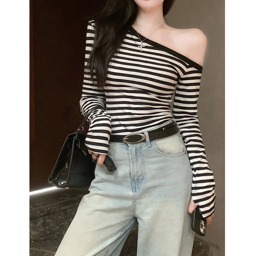 秋冬新款条纹斜肩T恤女修身显瘦长袖打底衫辣妹露肩韩版t恤上衣服