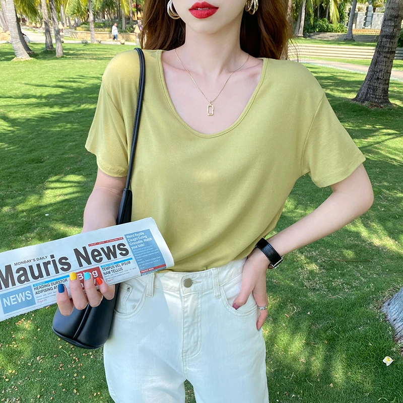 短袖面膜t恤女2025年新款V领体恤上衣夏季绿色薄款设计感小众半袖