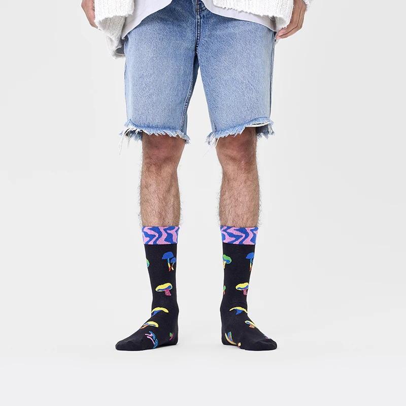 HappySocks 时尚ins潮牌百搭中筒棉袜个性蘑菇色P000051
