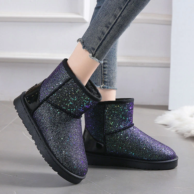 意尓康冬季休闲加厚保暖雪地靴女秋冬新款女靴子百搭韩版学生亮片