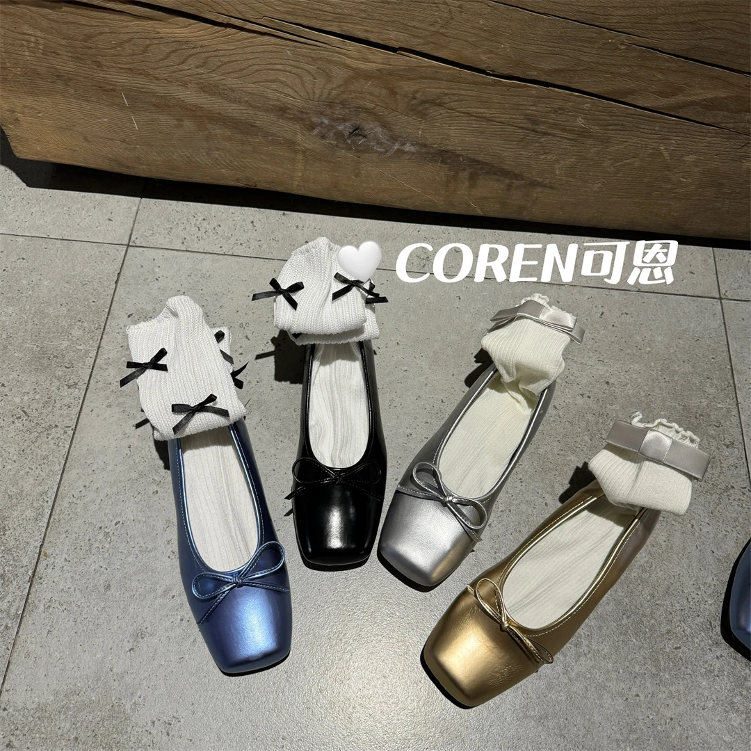 韩国蝴蝶结芭蕾电镀软皮真皮玛丽珍一脚蹬法式浅口仙女休闲单鞋