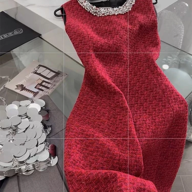 法式名媛小香风连衣裙女重工轻奢镶钻高级感2025年新款气质a字裙