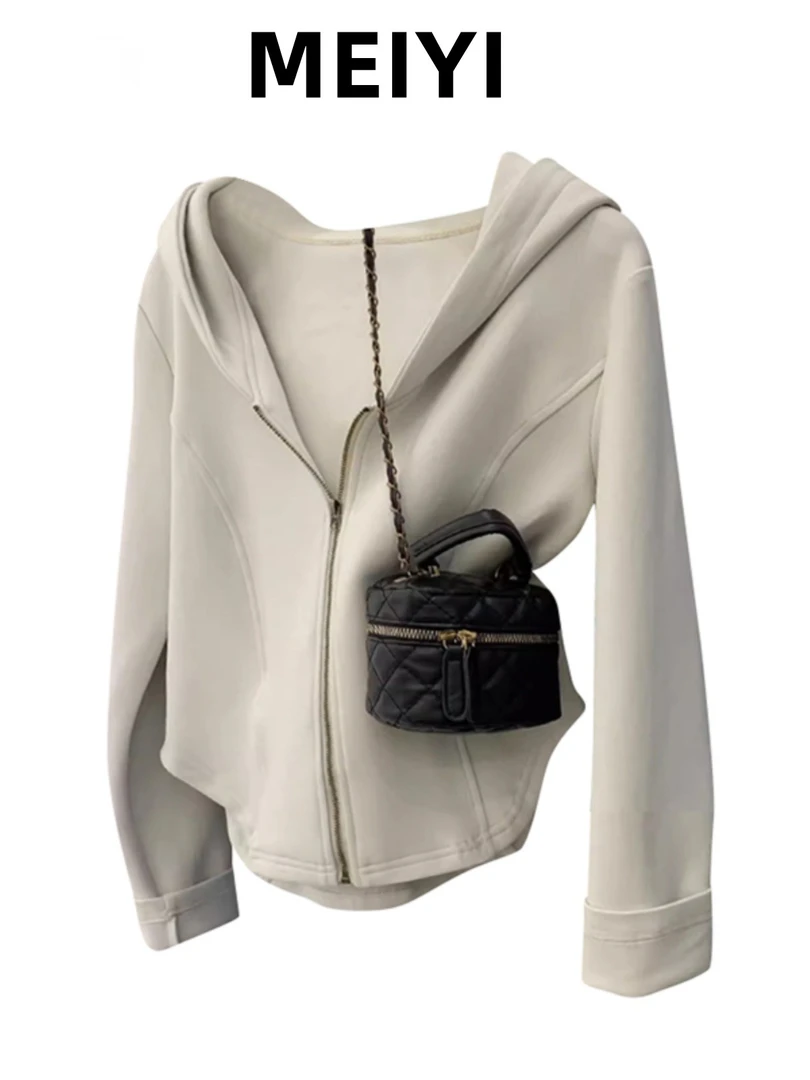 MEIYI正肩纯色休闲拉链连帽卫衣开衫2025春秋运动小个子上衣外套