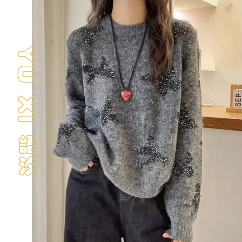 语汐-灰色重工亮片圆领套头毛衣女秋冬季宽松针织慵懒风针织衫92