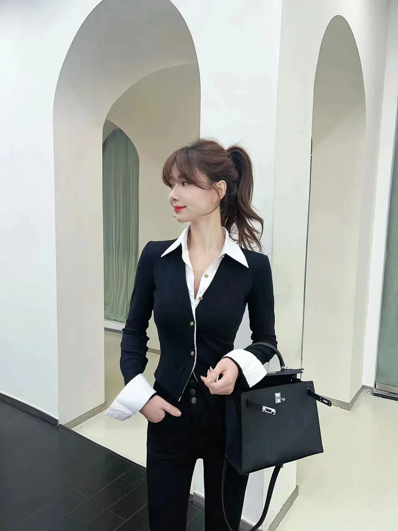 清《知性通勤风》撞色假两件针织衫#2988